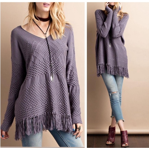 easel Sweaters - Easel Fringe Hem Long Sleeve Sweater